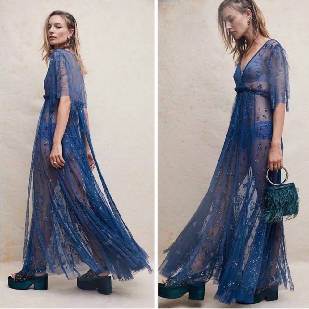 Free People Sheer Embellished Maxi Dress in Deep Blue